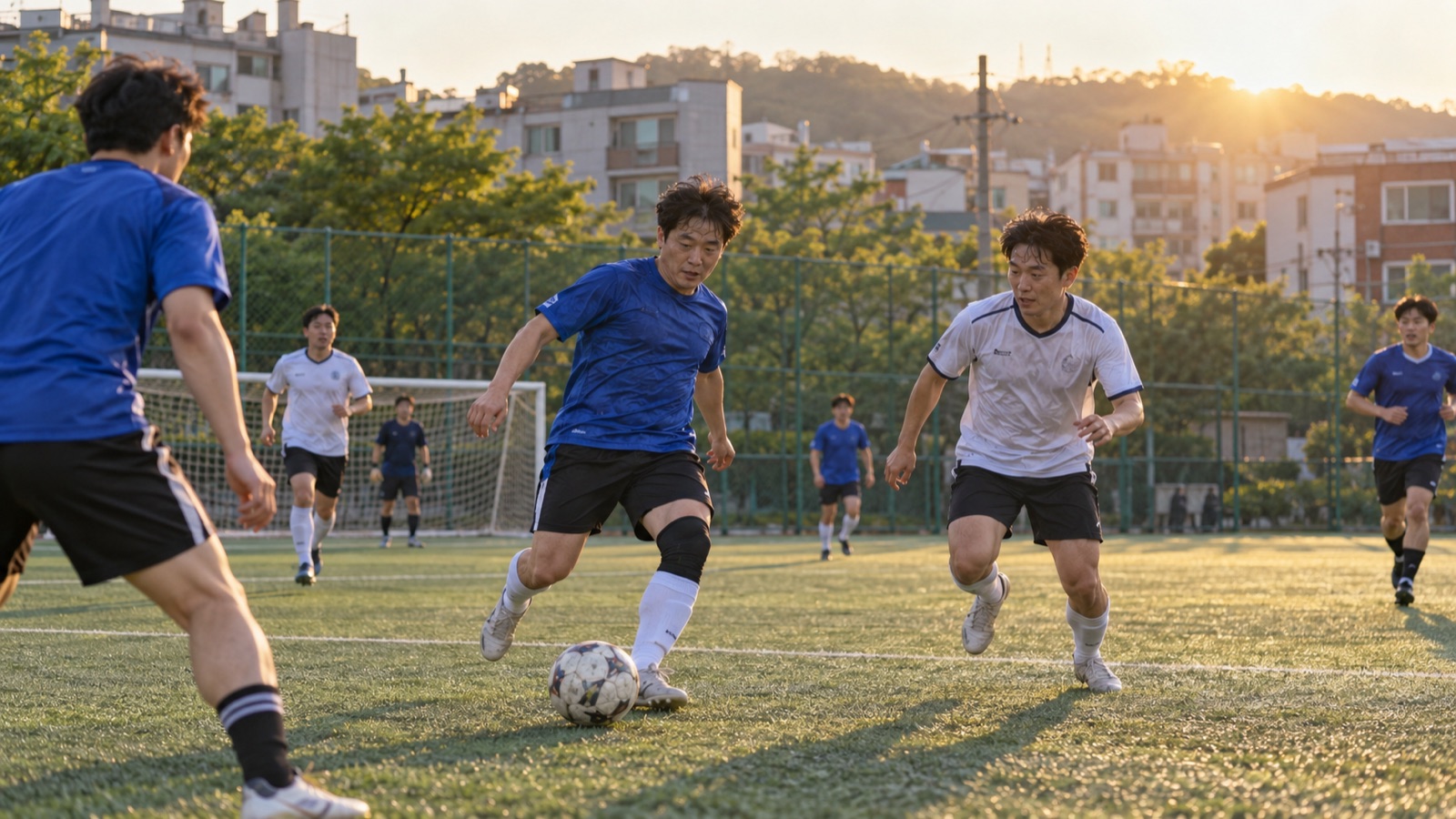 아침 햇살 아래 동네 축구장에서 경기하는 조기축구 회원들